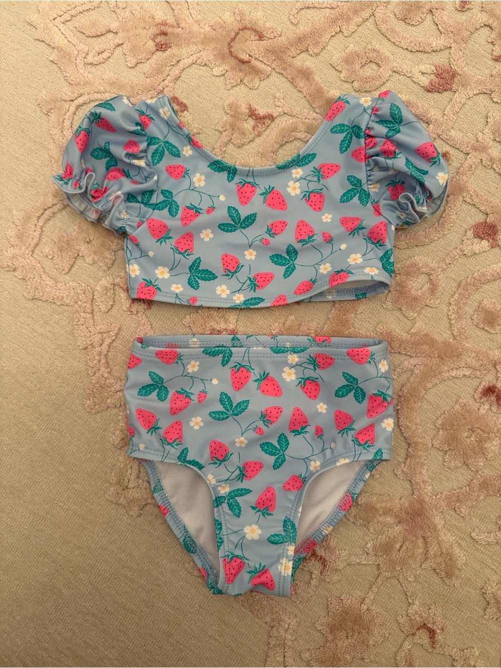 Cat & Jack Light Blue Strawberry Print Puff Sleeve Bikini